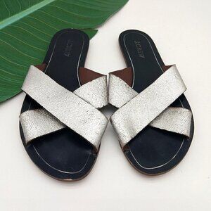 J Crew Cypress Silver Leather Slide Sandals Size 8 Criss Cross Straps Flat